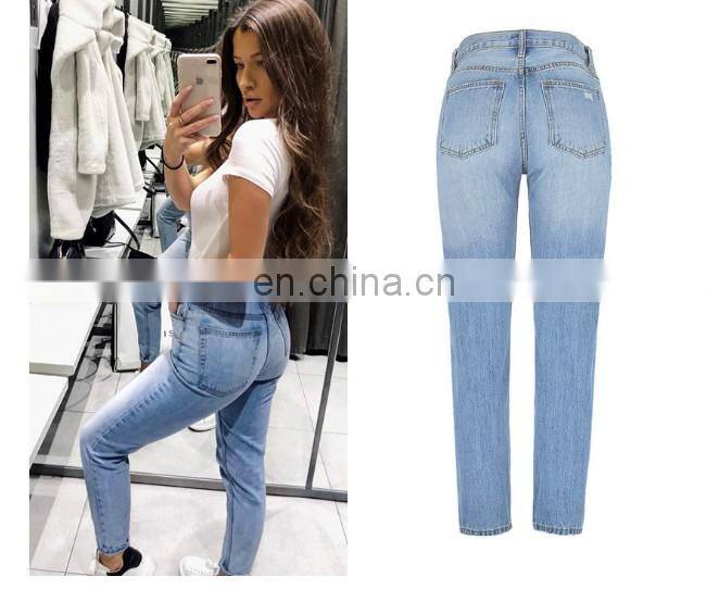 Wholesale customized 2020 light blue vintage wash jeans hot selling high-waisted women's jeans