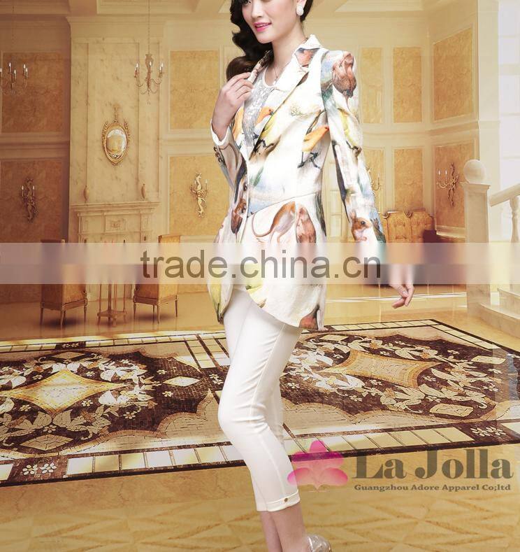 2016 Hot sale ladies fashion printing flowers long skinny suit coat office for women