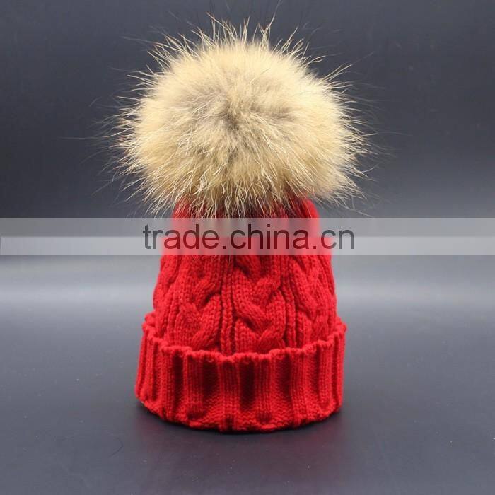 Hot Popular Real Raccon Fur Pompom Women Kintted Winter Wool Caps And Hats