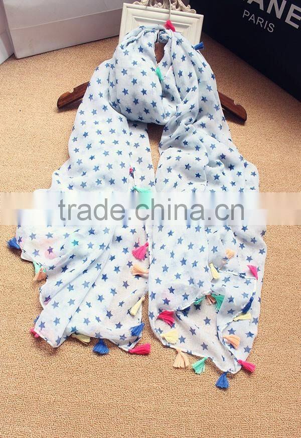 Hot Selling Korean Navy Star Printed Colorful Tassels Fashion Ladies Scarf