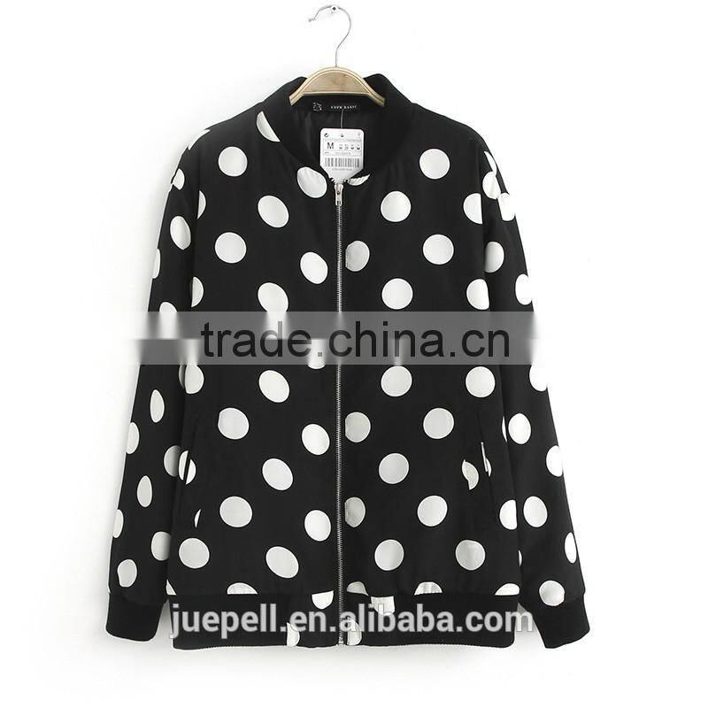 2015 european style long sleeve polka dot print bomer jacket