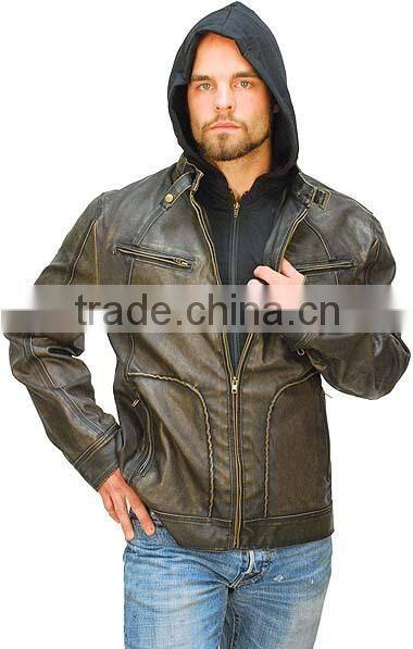 2015 New fashion Brown Distressed Jacket with Removable Hood Jacket for mens motorbike leather jacket