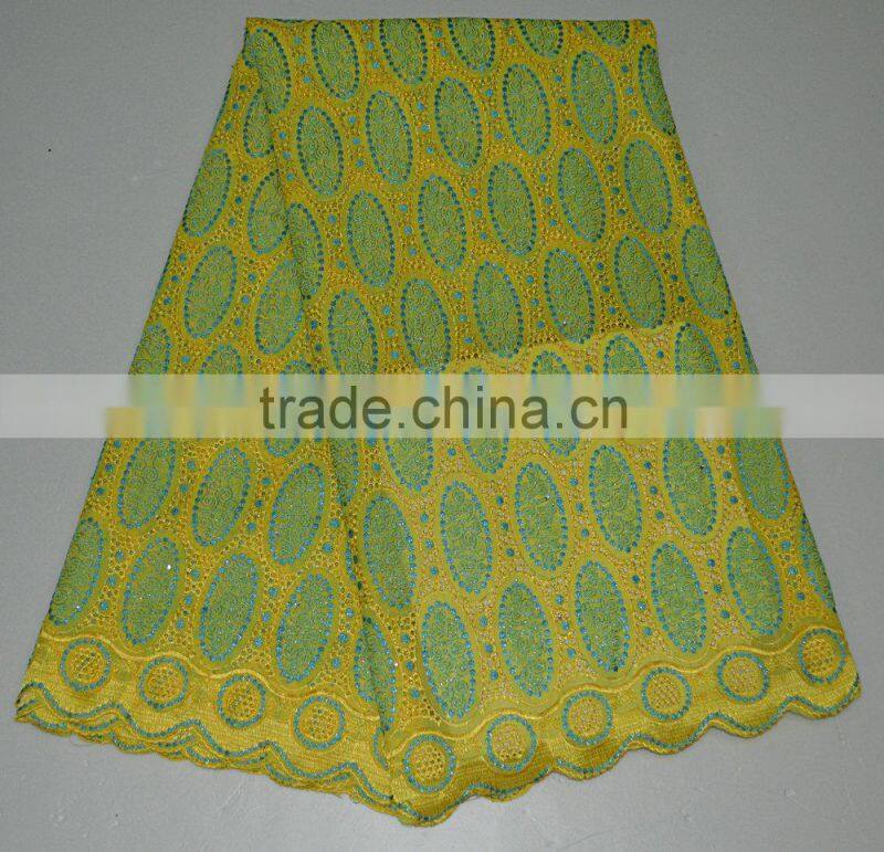 Cheap Swiss voile lace fabric in golden materials with sequins