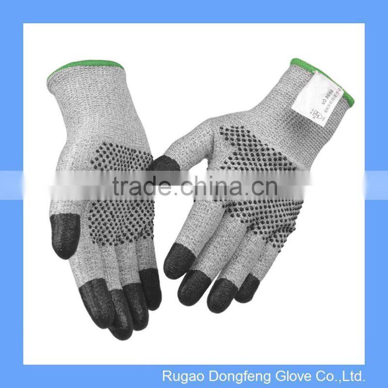 HPPE Fiber Dotted Glove with Nitrile Tips Level 3 Cut Resistant PU Finger Gloves