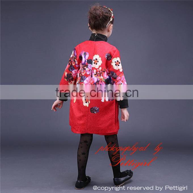 Chinese Style Girls Autumn 2 Piece Clothes Set Button Front Trench and Floral Dress For Kids Holidays Wear CS81009-4