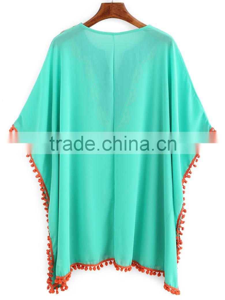2016 fashion design embroidery lace trimming chiffon casual kaftan top, beach kaftan SY1604