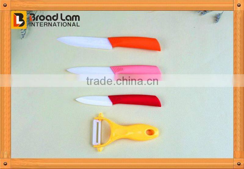Most Attractive Colorful Handle Ceramic Kitchen Knife Set with Peeler White Blade in Knife Stand