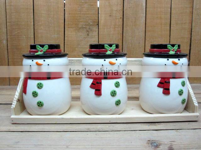 Manufacturing Handmade Ceramic Dolomite Snowman Food Containers Set with Wooden Stand