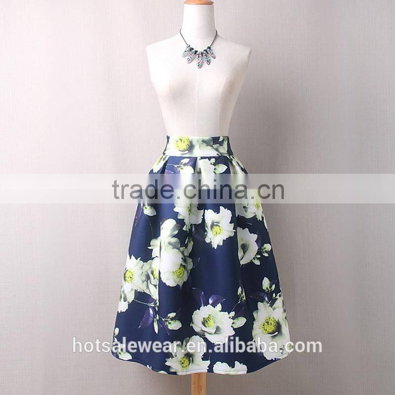 Modern Women Pattern Midi Length Skirt Floral Printed A Line Knee Length Skirt PH-9218