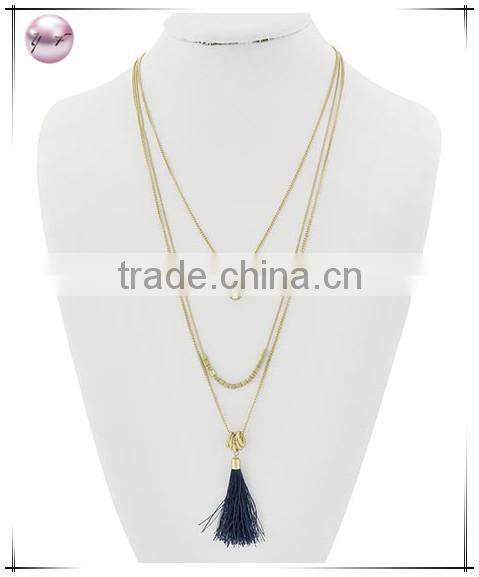 Matte Gold Tone Purple Thread Clear GlassMetal Layer Tassel Pendant Necklace