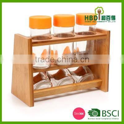 New design wooden glass spice jar rack set for promotional