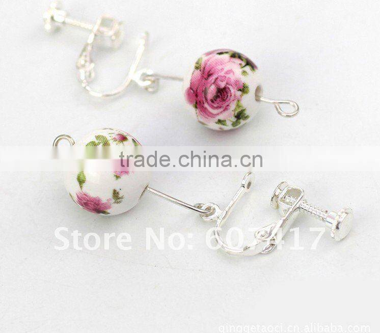 blue flower printed Qinghua porcelain ball shaped drop earings with clips