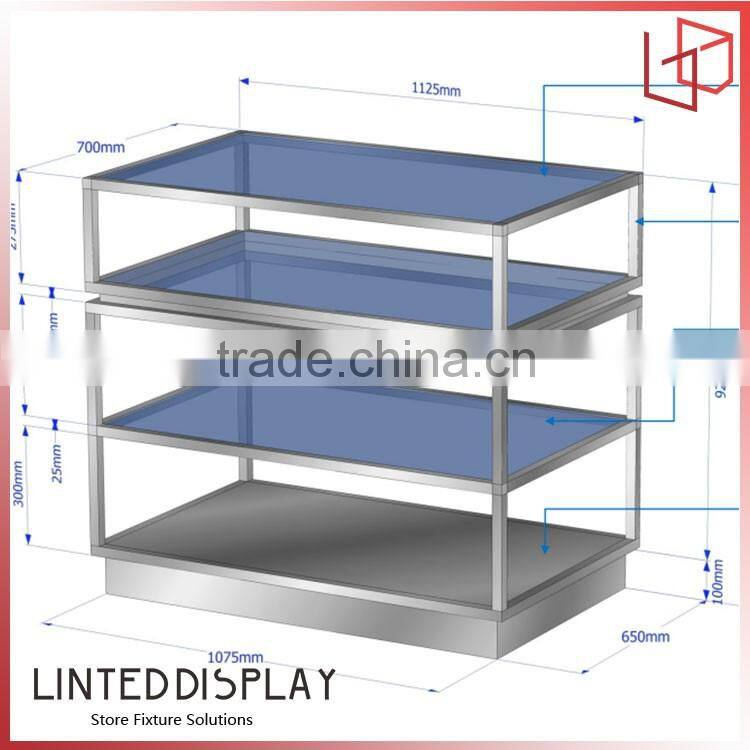 Store wall showcase design with glass shelf display rack for shopping mall