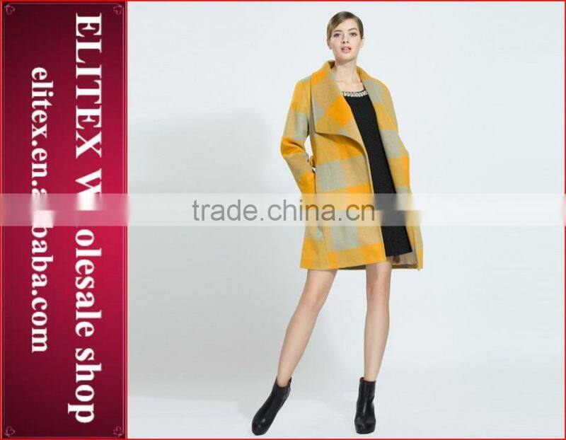2015 HOT Newest Yellow Plaid Wool woman sexy winter overcoat with belt