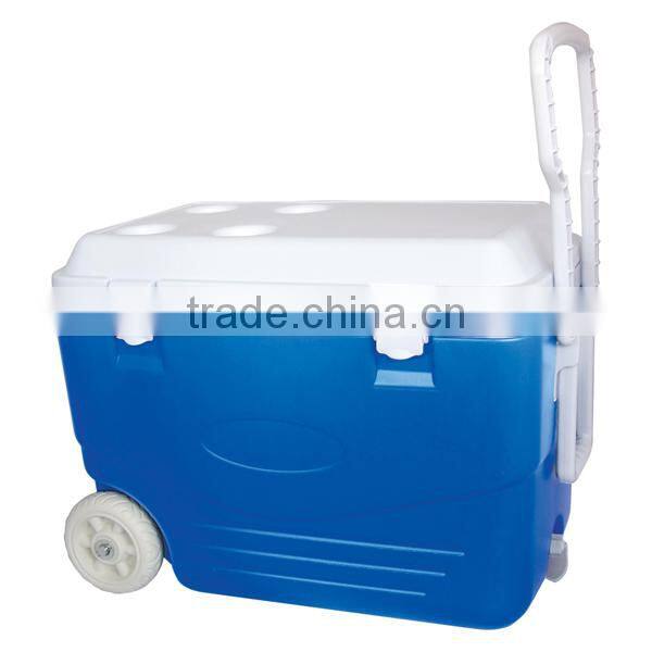 46L Pulling Cooler Box Insulated Plastic Ice Box with Side Handle and Small Wheel