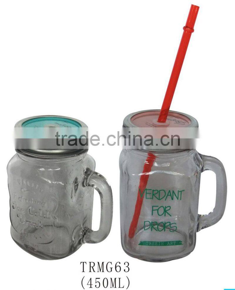New design 450ml clear drinking glass logo printed mason jar with straw lid