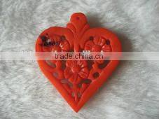 wholesale 30mm large heart red flower carved natural coral pendant