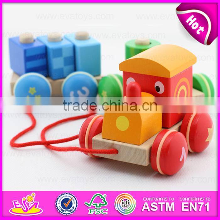 Colorful wooden Pull Shape Block Train Toy for kids,EN71 top sale pull line toy vehicle wooden toy train OEM W05C025