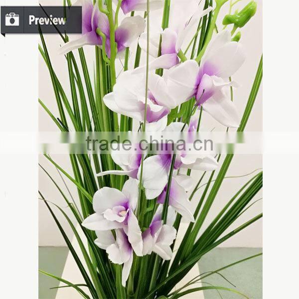 2017 Wholesale Nearly Nature Artificial Grass Synthetic Onion Grass with Orchid in Pot Fake Grass for Indoor Decoration
