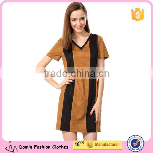 2015 New Fashion Short Sleeve V Neck Vertical Stripe Shift Dresses