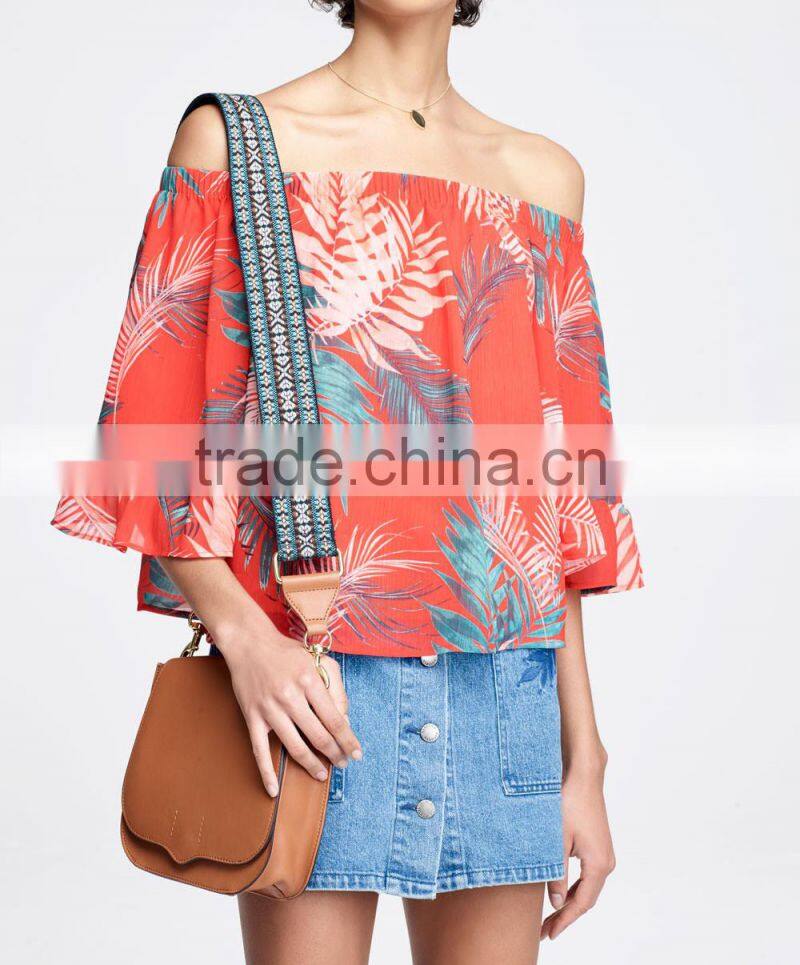 Tropical plant print tunic tops off the shoulder puff sleeve womens shirts