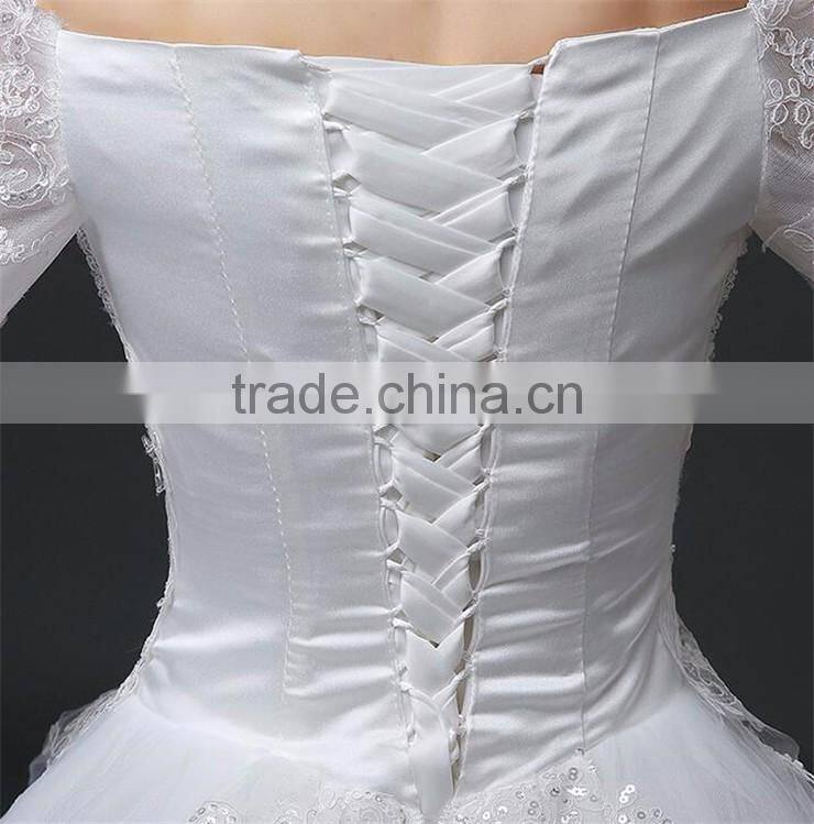 MGOO Lace Trim Hem Beaded Empire Vintage Floor Length Off Shoulder Wedding Dress Bride Grown Long Sleeve