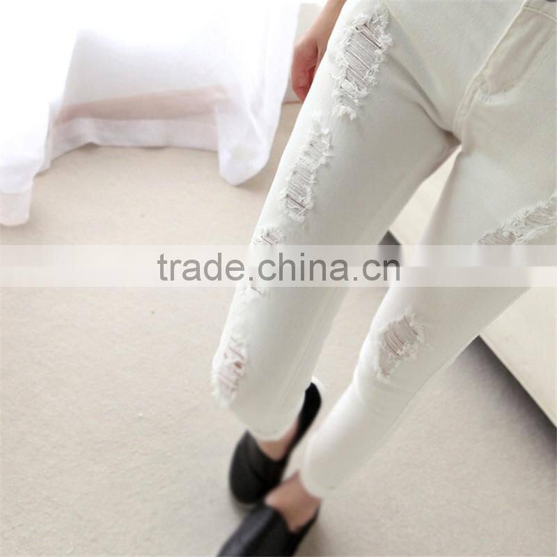 New Women's Fashion Straight Jeans Ripped Holes Female Long Term Mid Waist Cotton Washed Denim Pants