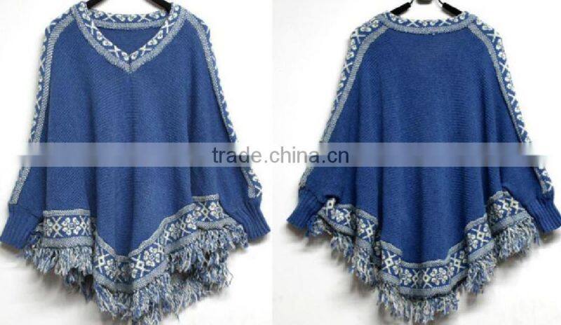 top selling women ladies winter ethnic wool batwing sleeve poncho coats