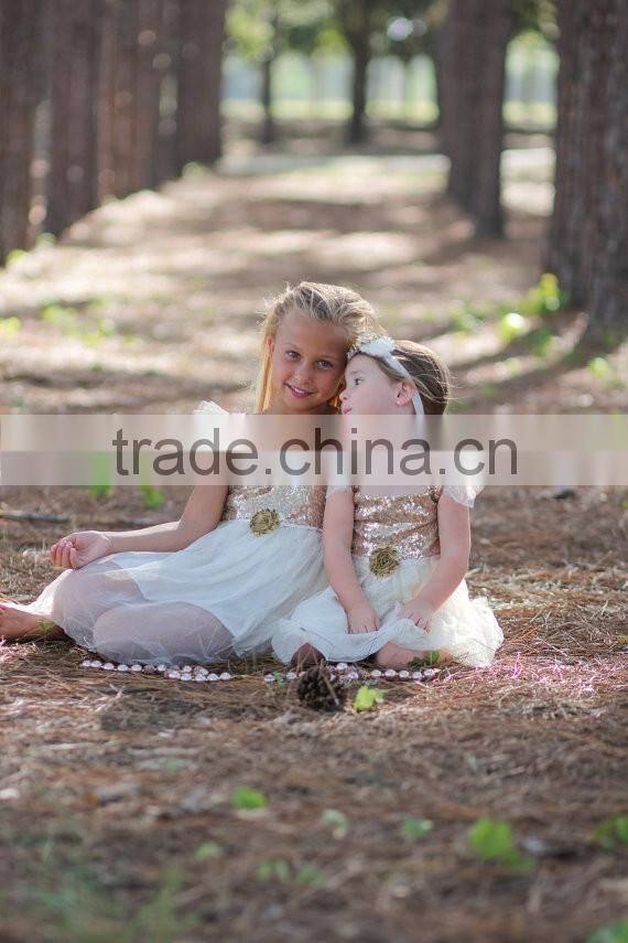 Ivory Gold Sequined Glitter Tulle Lace Fabric Baby Dress Pictures Girls Tutu Dress