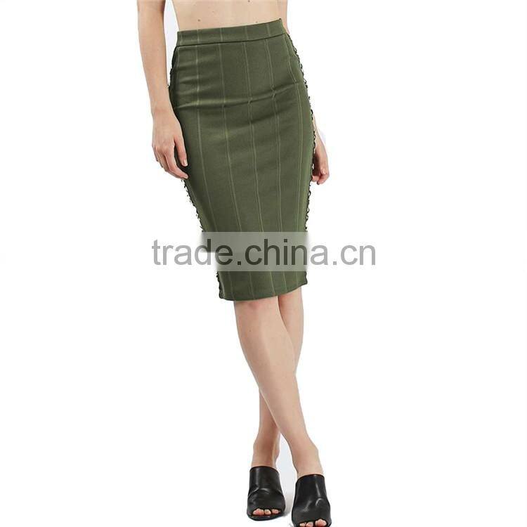 2017 OEM Ladies Fashion Midi Tube Khaki Skirt with Side Metal Detrails