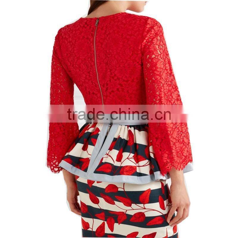 Latest spring design fashion red lace blouses for ladies elegent long sleeve women tops