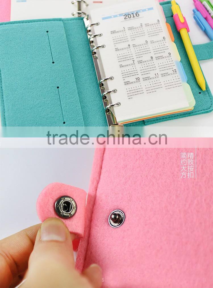 Novel logo custom A5 A6 spiral binding dairy notebook felt cover with pen