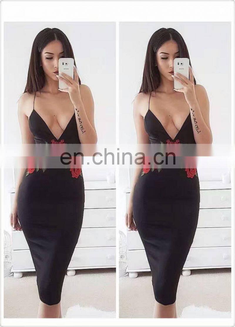 Amigo 2017 new design black strap V neck rose print mini bandage dress evening dresses for beauty ladis party wear