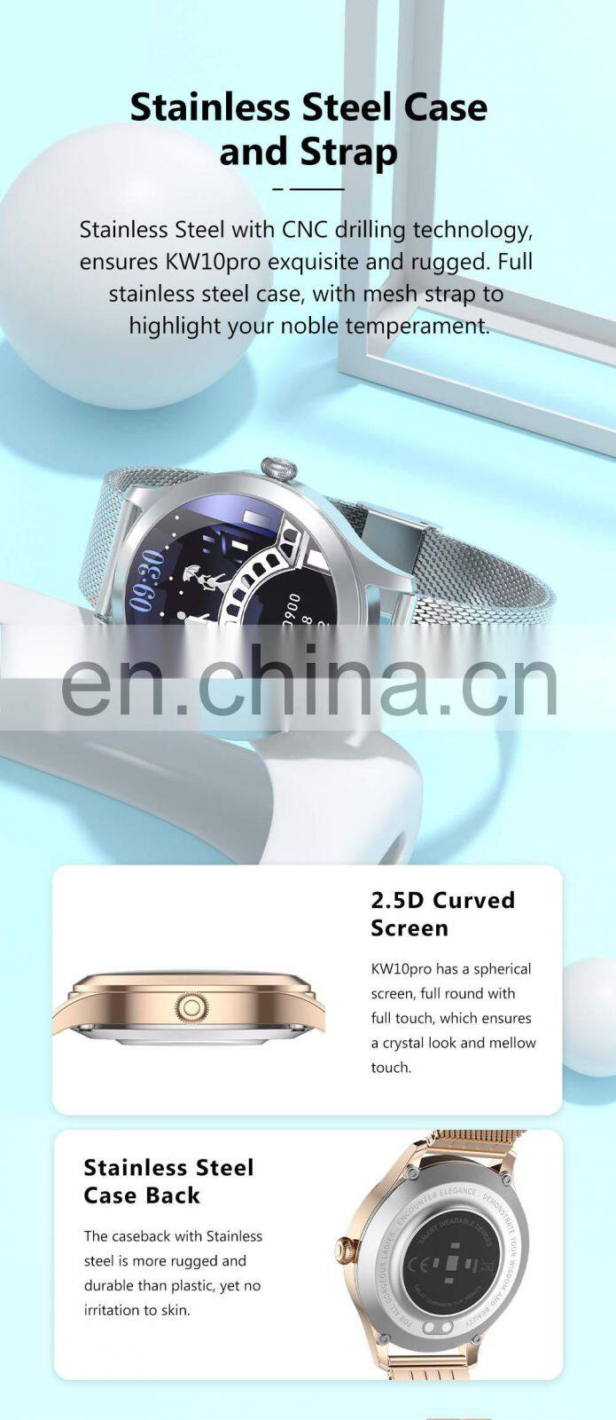 KW10 PRO Lady Women Full Touch Screen IP68 Waterproof Heart Rate Monitor Fitness Stainless Steel Strap Reloj Smart Watch