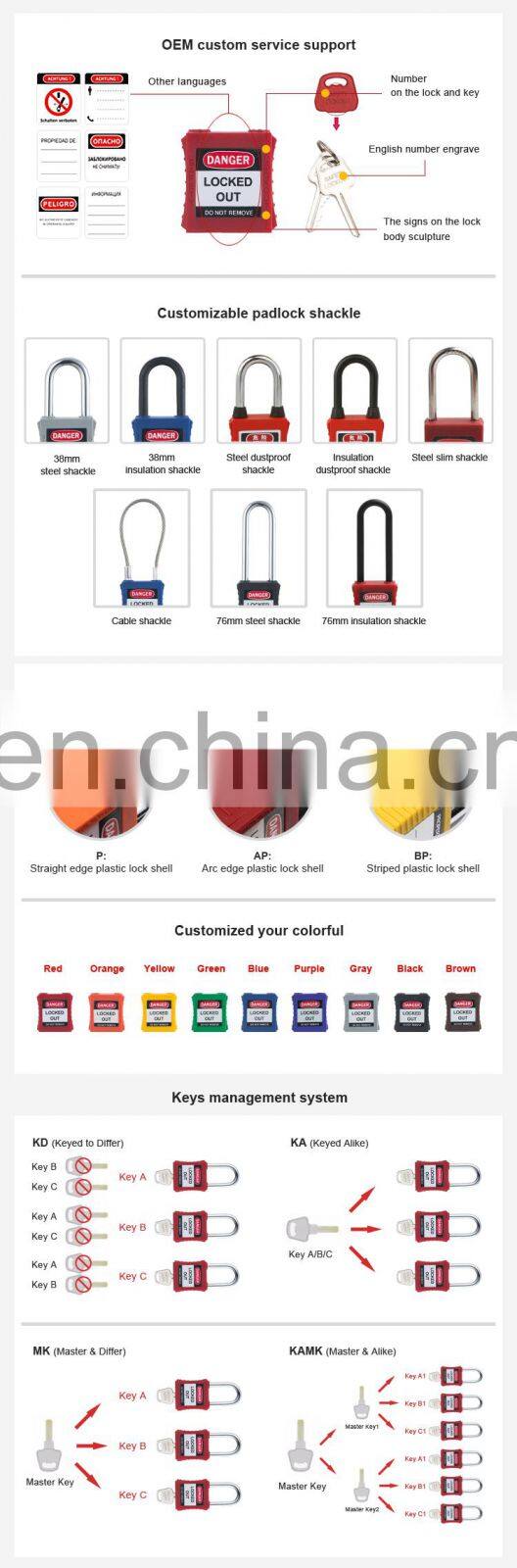 38mm Nylon Plastic key master padlock Shackle Colorful Industrial Loto safety padlock