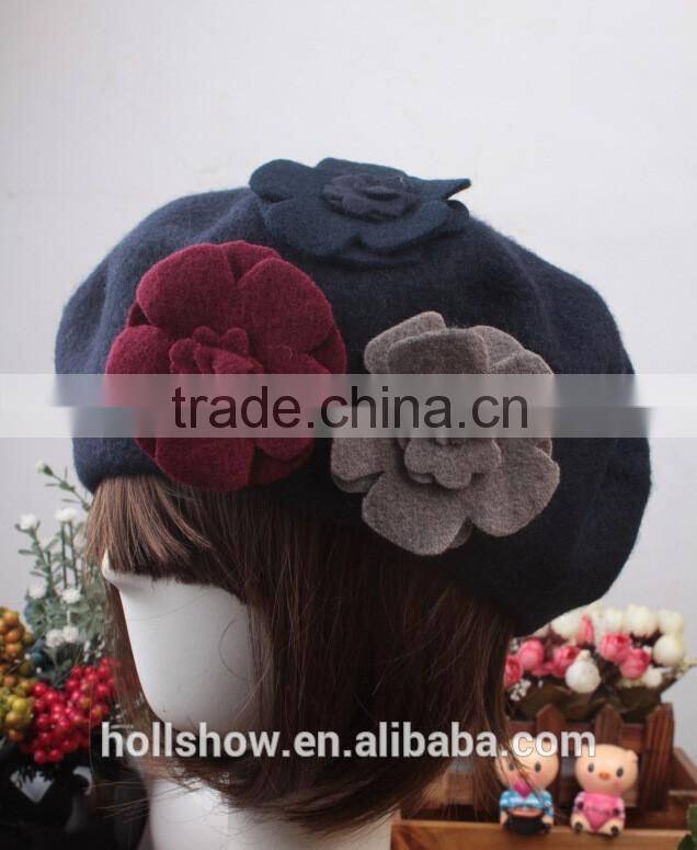 Wholesale Three Flowers Decorated Women Charm Elegant Wool Hat Beret