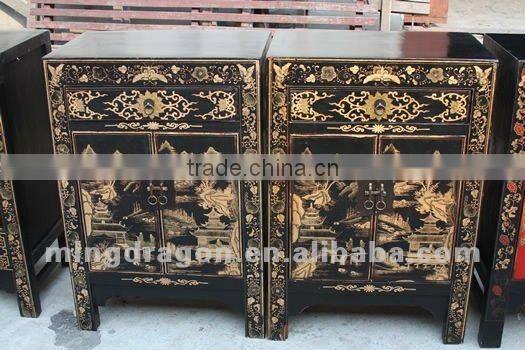 Chinese antique furniture Beijing golden & black pine wood Bedside Cabinet