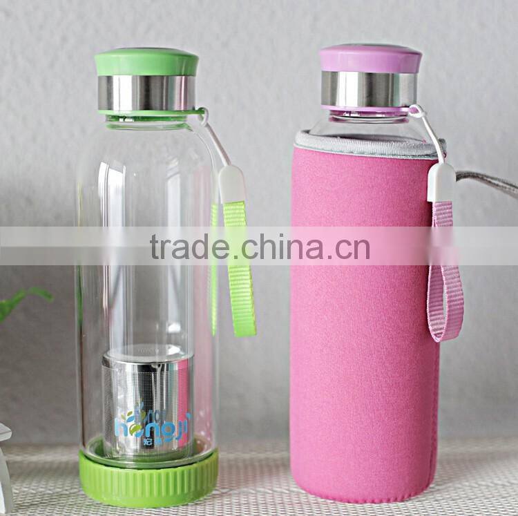 500ml car sport outdoor Portable Sports High Borosilicate Tea Filter Glass Water Bottle with Tea Infuser 2015