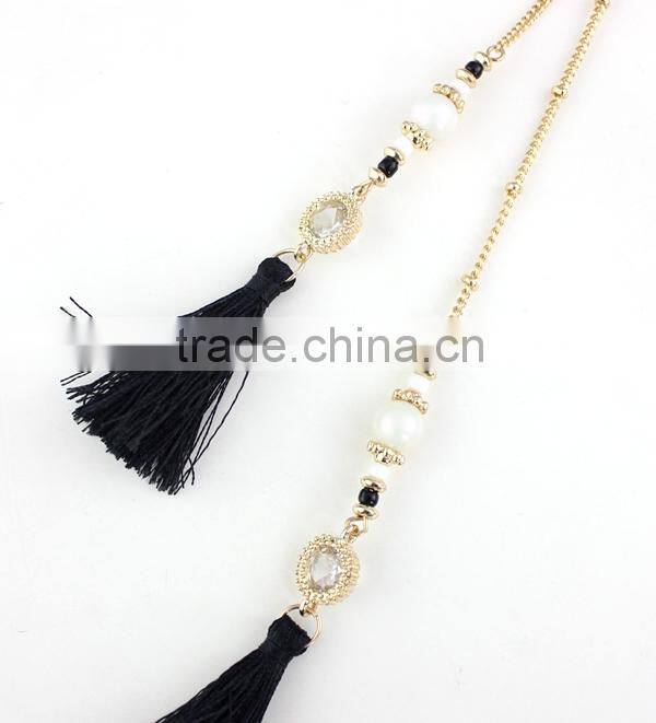 2015 Newest Long Black Tassel Pendant Pearl Inlaid Gems Necklace
