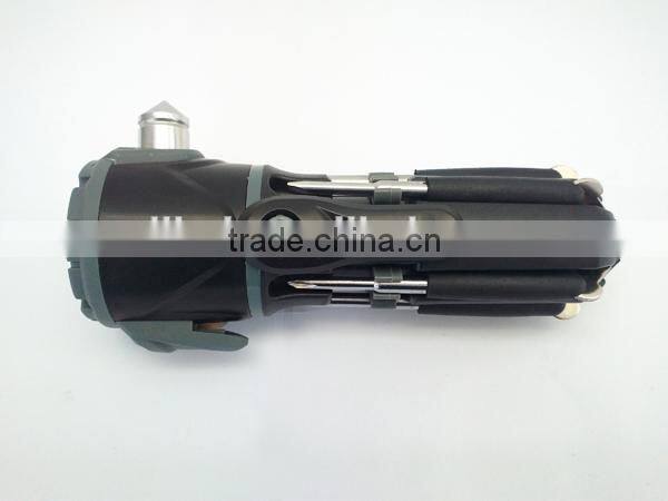 QC-208 12 IN ONE high quality multi function car emergency hammer , strong bright torch, screwdriver set, hand tool