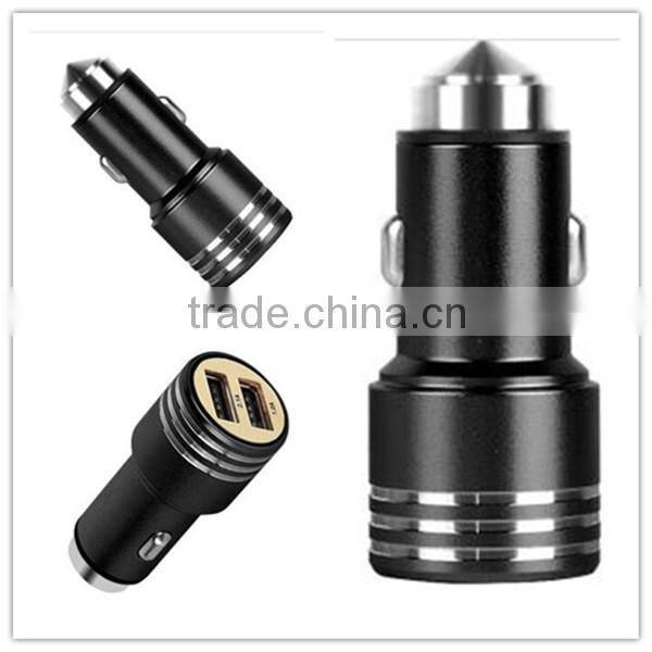 2-port Dual USB Metal Car Charger Pure copper series Car Charger with Window Glass Breaking Tap Hammer for Cellphone A001
