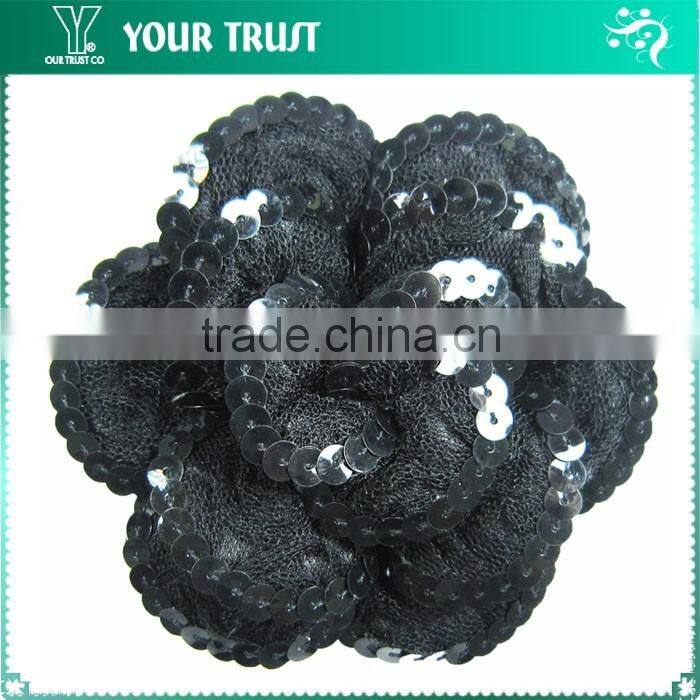 Clear Rhinestone Black Flat Sequin Black Bead Flower Applique Patches