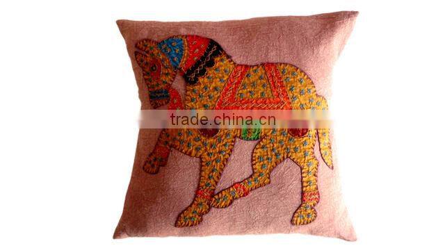 RTHCC-54 Indian Traditional Royal Horse Patchwork Art Kantha Cotton cushion covers New Year Christmas Home Decor Gift