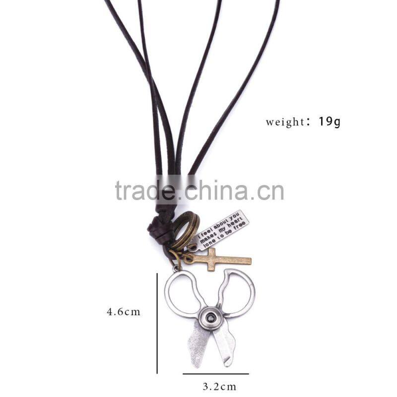 Genuine Leather Necklace with Antique Sliver Scissor Pendant.
