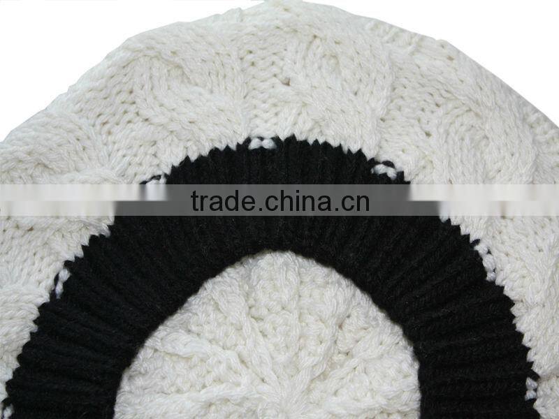 2014 fashion white cable knit cap hat beret with black rib cuff