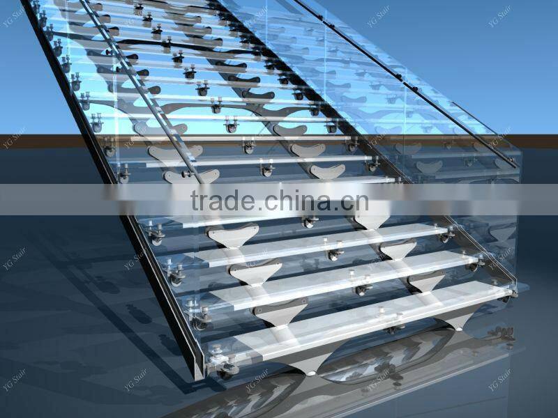 Indoor wood step straight staircase with glass railing