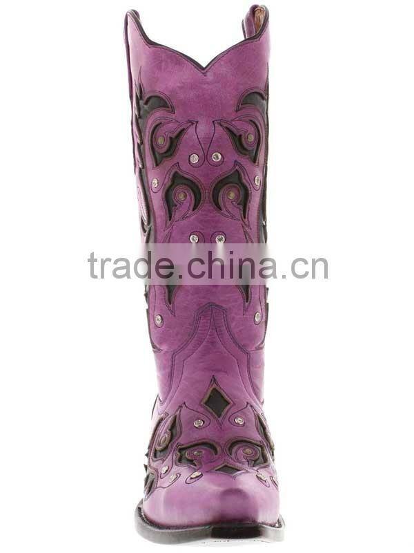 Women's New Purple Black Overlay Western Cowgirl Boots Rhinestones Studded Shaft