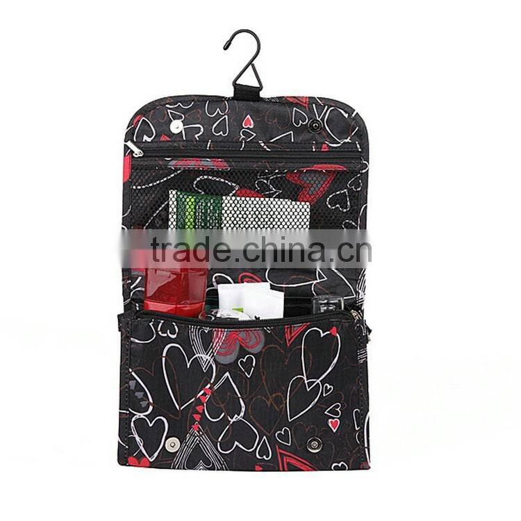 210D Nylon Plaid Floral Printing Toiletry Cosmetic Bag With Hanger