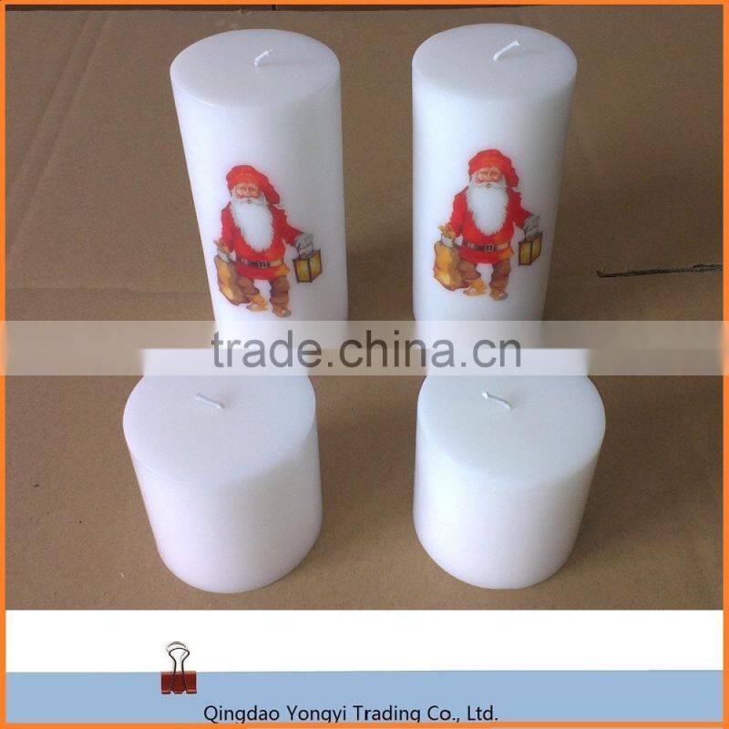 Christmas Pillar Candle For Sale; Decorative Candle For Christmas Day; White Pillar Candle With the Logo of Father Christmas