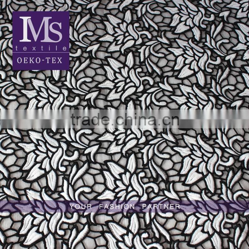 Black net Polyester dress making lace fabric with 3D maple leave design / Good price